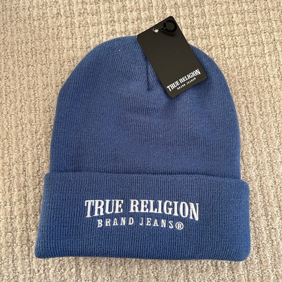 True Religion Arched Logo Beanie Blue Ribbed Knit 100% Cotton NWT - Picture 4 of 7